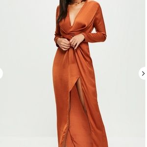 Maxi Wrap Satin Dress Rust Orange